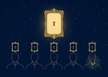 Gold line illustration of five identical silhouettes each holding the same card