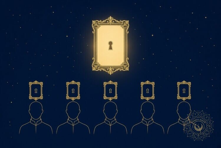 Gold line illustration of five identical silhouettes each holding the same card
