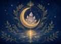 How to cleanse crystals symbol, a golden crescent moon cradling a crystal cluster above rippling water linework against a starry indigo sky.