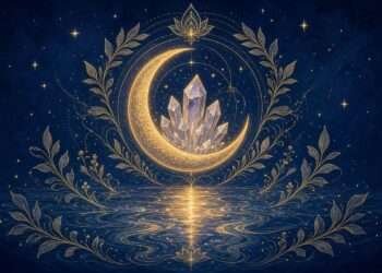 How to cleanse crystals symbol, a golden crescent moon cradling a crystal cluster above rippling water linework against a starry indigo sky.