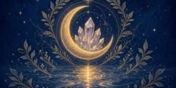 How to cleanse crystals symbol, a golden crescent moon cradling a crystal cluster above rippling water linework against a starry indigo sky.