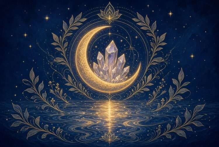 How to cleanse crystals symbol, a golden crescent moon cradling a crystal cluster above rippling water linework against a starry indigo sky.