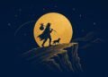Gold line illustration of a traveler and a small dog stepping toward a cliff edge