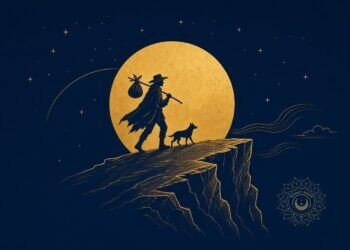 Gold line illustration of a traveler and a small dog stepping toward a cliff edge