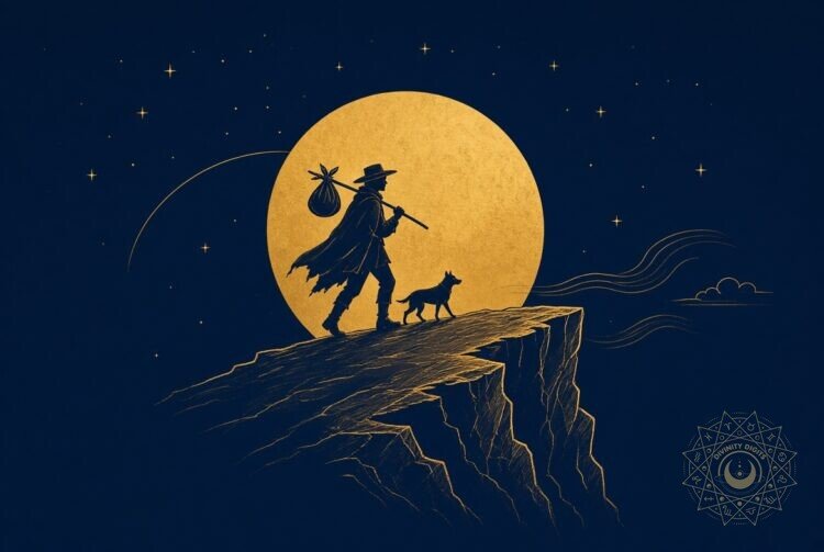 Gold line illustration of a traveler and a small dog stepping toward a cliff edge