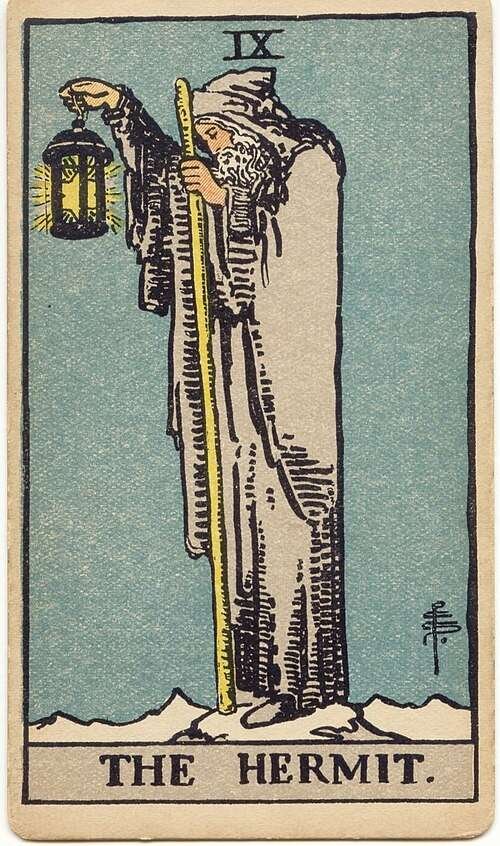 The Hermit tarot card, Rider-Waite-Smith 1909