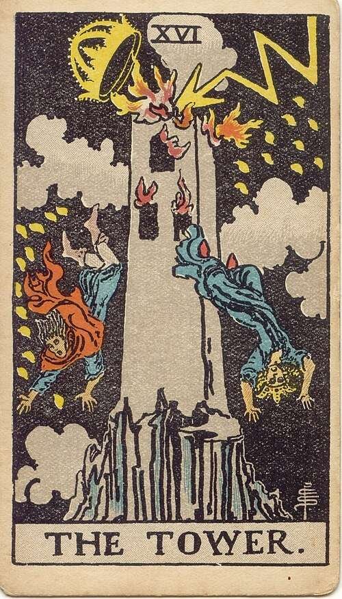 The Tower tarot card, Rider-Waite-Smith 1909
