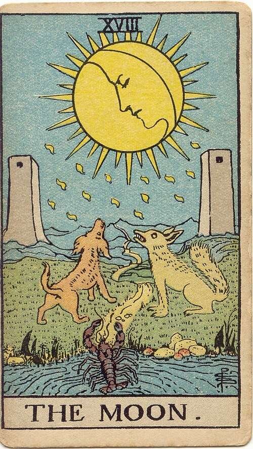 The Moon tarot card, Rider-Waite-Smith 1909